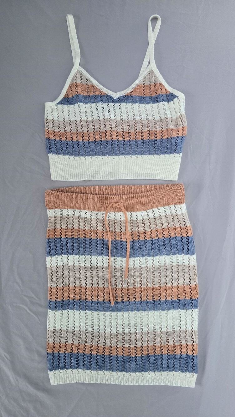 Almost Famous Tank Skirt Set Juniors Medium Multicolor Crochet Knit Striped